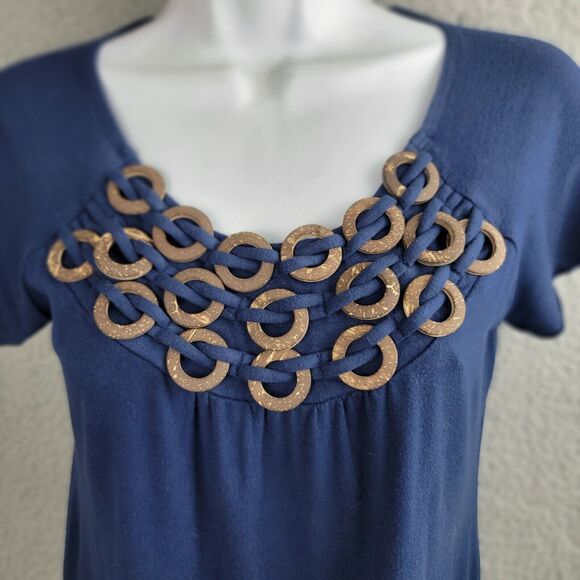 Style & Co Top Blouse Womens M Blue Embellished Neck Interlaced Wood Rings - Picture 2 of 13